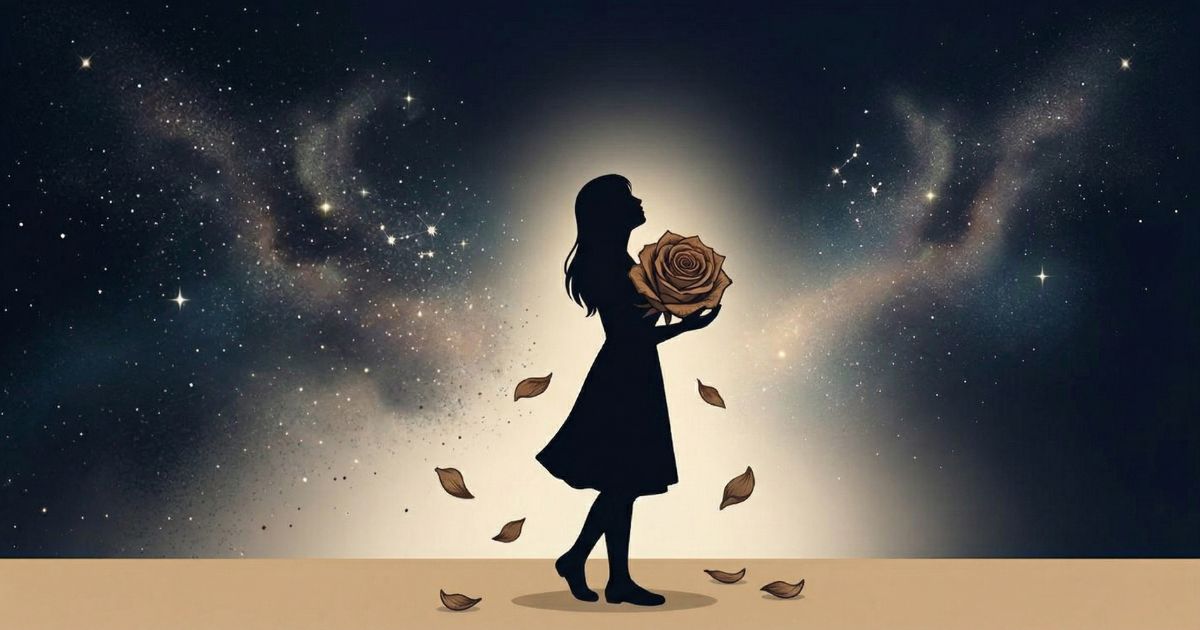 満天の星空の下でアンティークな枯れたバラを大切に包み込む女性のシルエット（別れたその後の心の整理と美しい思い出）