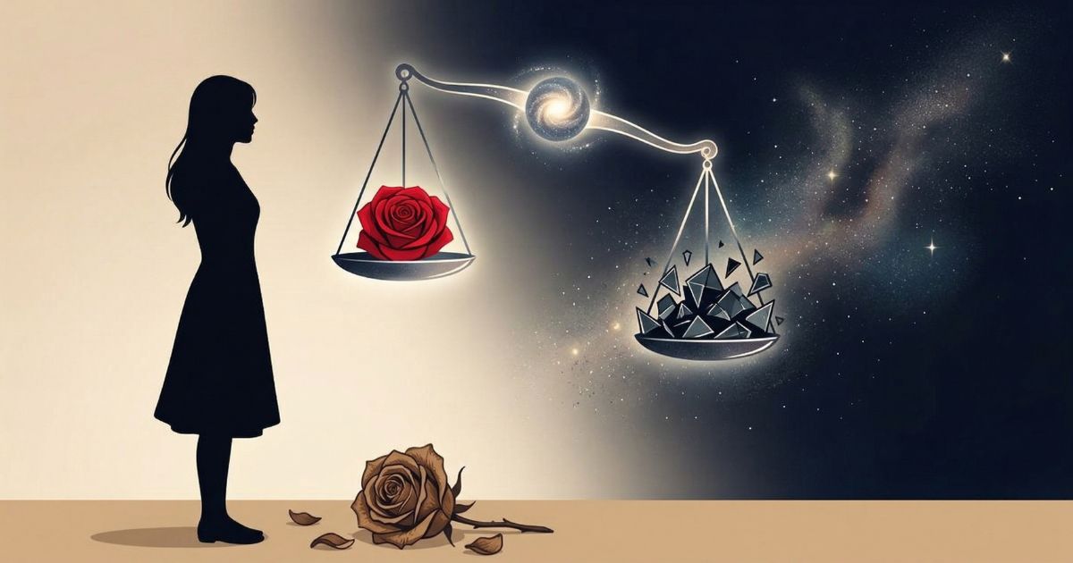 愛情のバラと苦痛の破片を天秤にかける女性のシルエット（好きでも別れるべきか迷った時の判断基準）