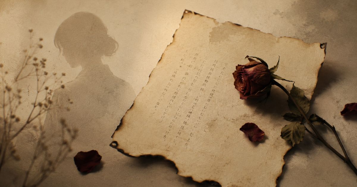 恋人へ送るお別れのメッセージと別れの手紙をイメージした、枯れ薔薇と手紙のメインビジュアル