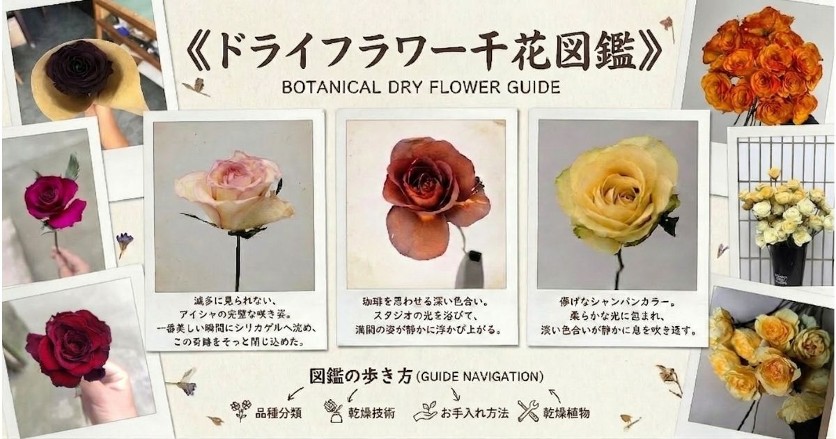 doraifurawaの「ドライフラワー図鑑」ブログ記事用メイン画像。質感のある和紙の背景に、アイシャ（ピンク）、コーヒーブラウン、シャンパンゴールドのバラのポラロイド風写真が3枚並び、手書きの日本語文案と主理人の署名が添えられている。