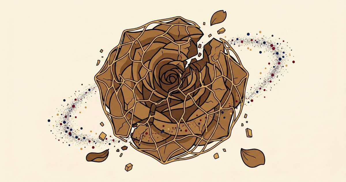 クリーム色の背景に、崩れかけた金の格子状の殻に包まれた乾燥した褐色のバラのフラットベクターイラスト。「友達」という偽りの仮面と、その下の衰退を表現。