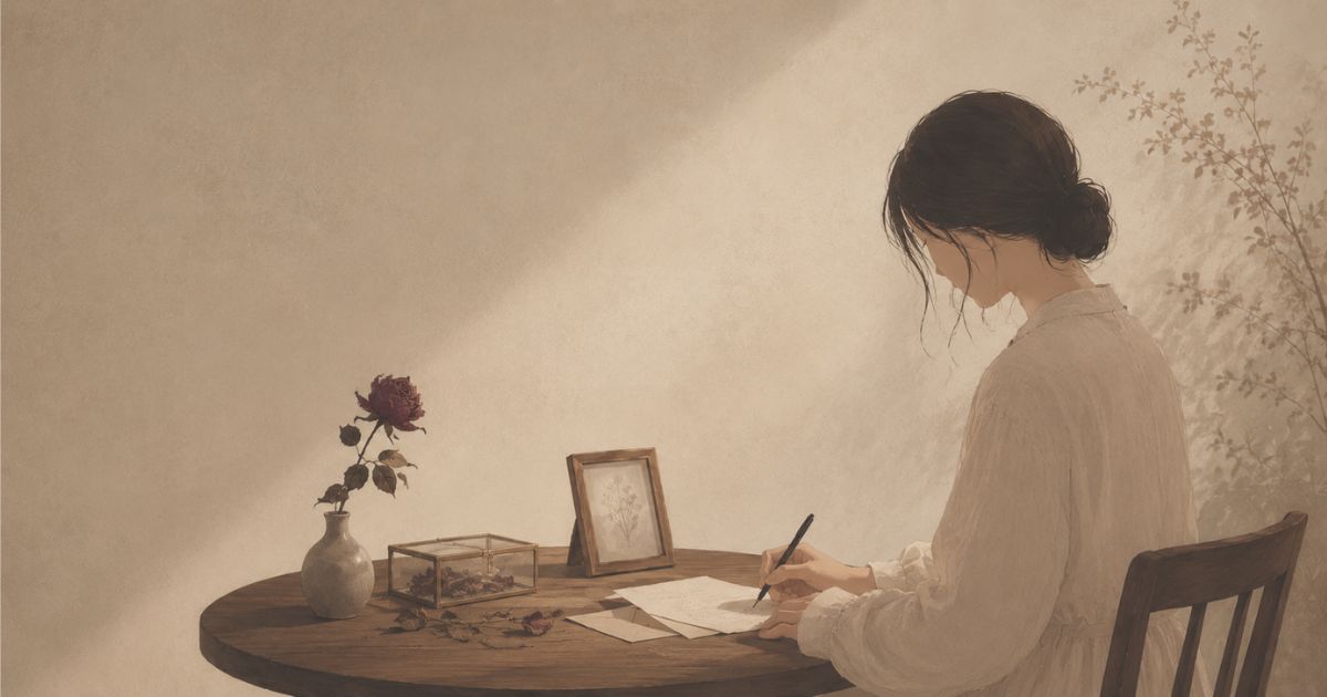 失恋や別れに静かな区切りをつける終わりの儀式として別れの手紙を書く女性と枯れ薔薇