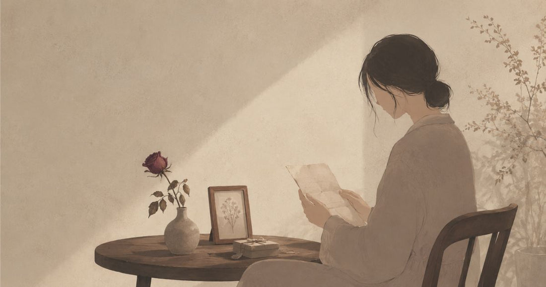 失恋を癒すギフトとして枯れ薔薇と別れの手紙を見つめる女性の静かなイラスト