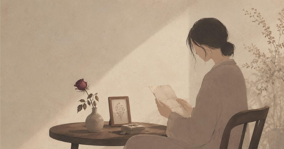 失恋を癒すギフトとして枯れ薔薇と別れの手紙を見つめる女性の静かなイラスト