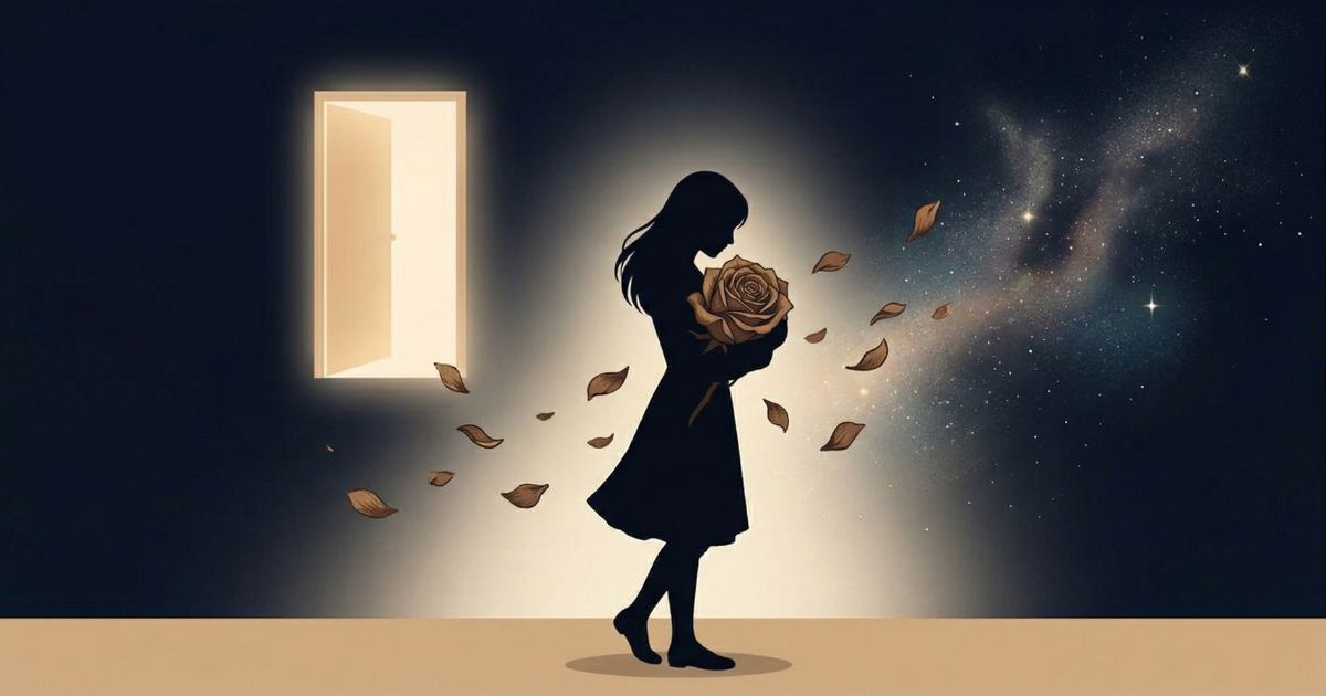 光る扉の前で枯れたバラを抱きしめて立ち止まる女性のシルエット（好きな人と別れる勇気が出ない心理と不安）