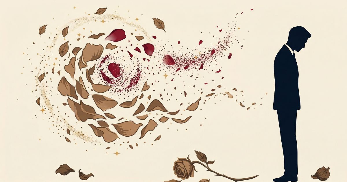 失恋を引きずる男性の深い喪失感と感情の渦を象徴するドライフラワーのイラスト