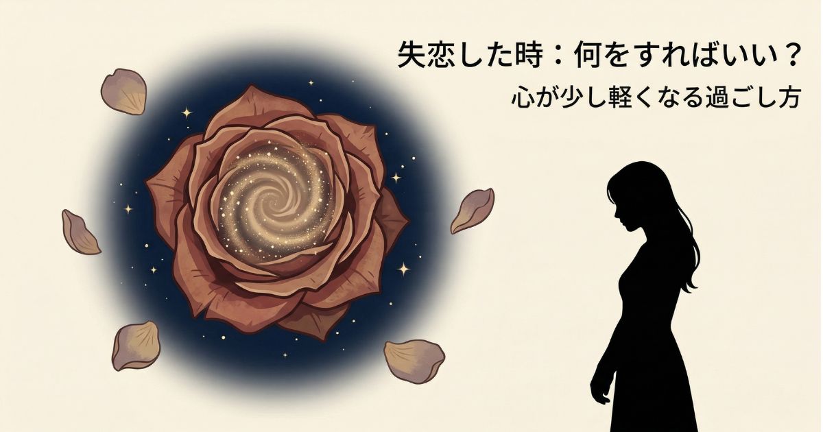 失恋した時の過ごし方と心が軽くなる方法（枯れたバラと女性のシルエット）