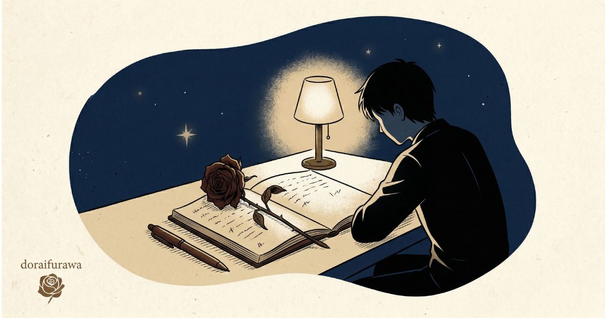深夜にランプの灯りでノートに向かうシルエットのイラスト。傍らには枯れたバラが置かれ、彼氏と別れるべきか迷う孤独な自己対話と診断の始まりを表現しています。