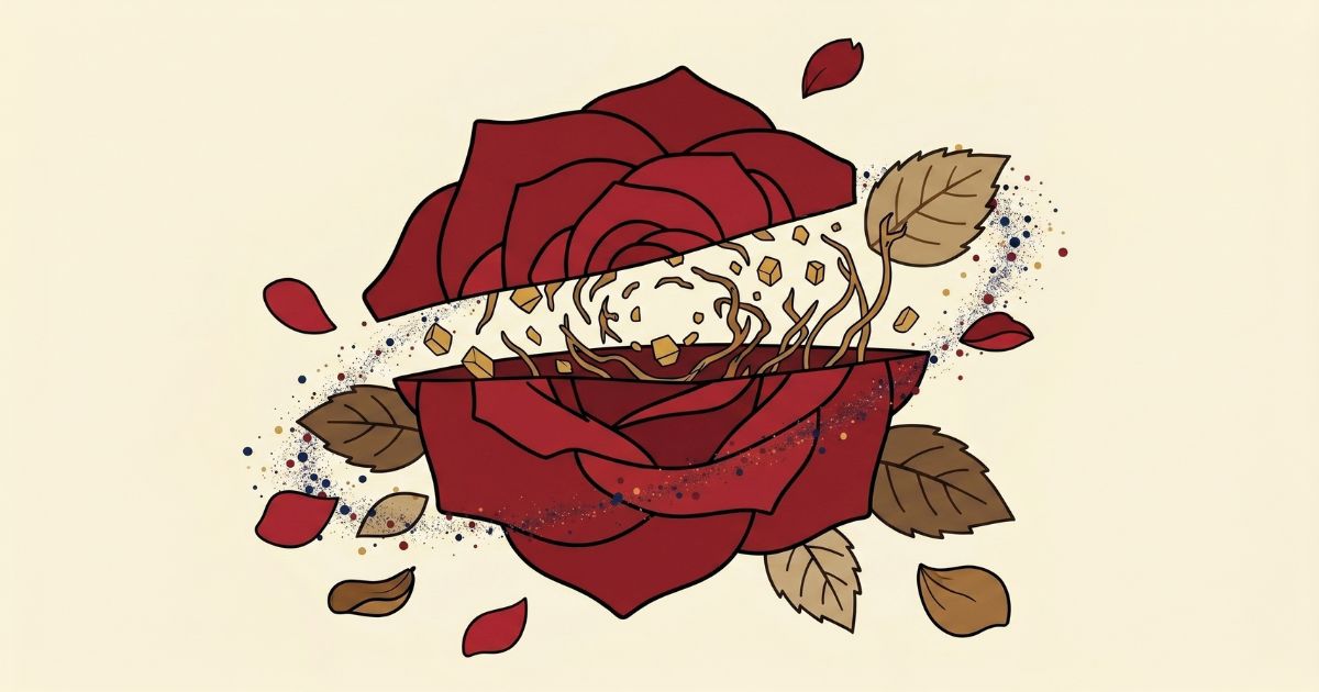 クリーム色の背景に、水平に真っ二つに裂けた深紅のバラのフラットベクターイラスト。裂け目には金の幾何学ブロックと褐色の枝分かれした粒子が渦巻いており、自分から振った後の激しい内面の葛藤と後悔を表現。