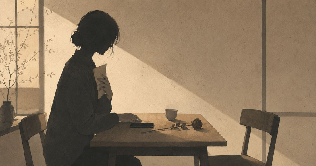 別れ話を切り出す前に、テーブルの前で静かに言葉を整える人物のイラスト。伏せたスマートフォン、折りたたんだ手紙、冷めたお茶、枯れたバラ、向かいの空席が、後悔しない伝え方と最初の一言に迷う心情を表している。