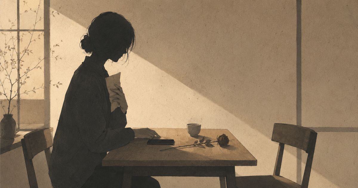 別れ話を切り出す前に、テーブルの前で静かに言葉を整える人物のイラスト。伏せたスマートフォン、折りたたんだ手紙、冷めたお茶、枯れたバラ、向かいの空席が、後悔しない伝え方と最初の一言に迷う心情を表している。