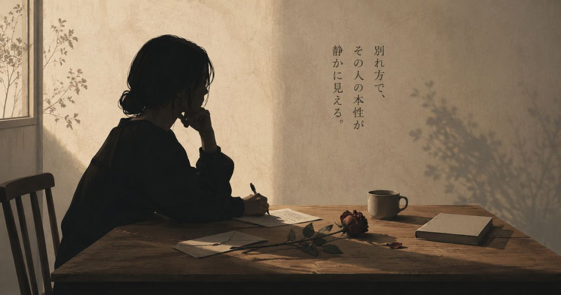 別れ際に感情をぶつけず、静かに言葉を整える人物のイラスト。テーブルの上の枯れたバラ、手紙、封筒、冷めたカップが、別れ方に表れる人の本性と、最後まで品位を失わない終わり方を象徴している。