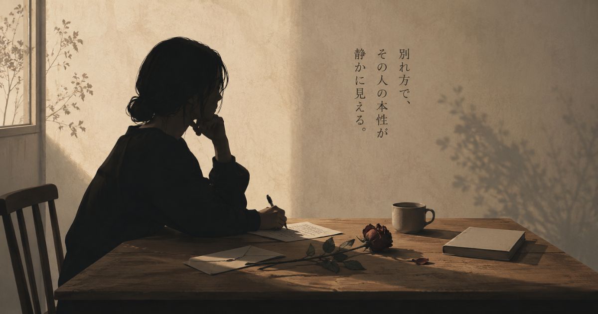 別れ際に感情をぶつけず、静かに言葉を整える人物のイラスト。テーブルの上の枯れたバラ、手紙、封筒、冷めたカップが、別れ方に表れる人の本性と、最後まで品位を失わない終わり方を象徴している。
