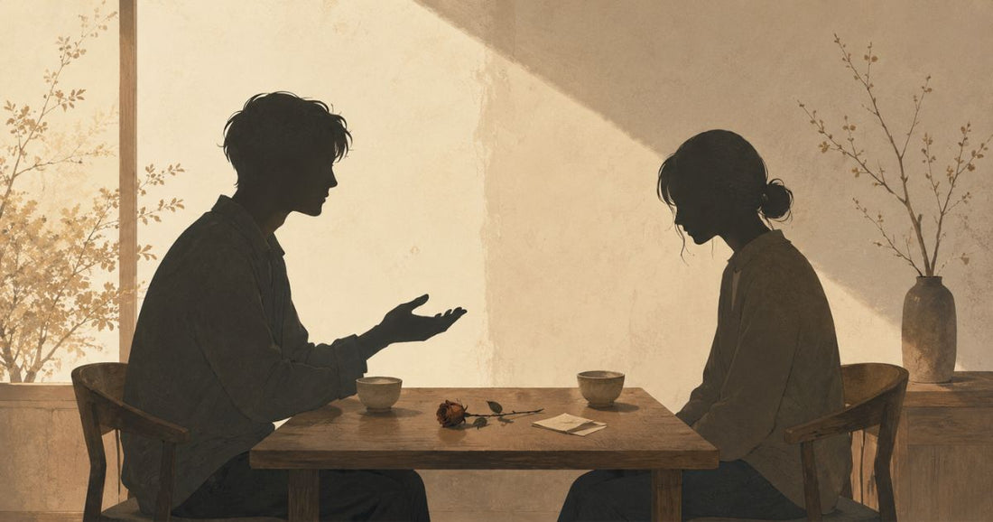 別れる理由を丁寧に伝える場面を描いたイラスト。向かい合って座る二人の間に枯れたバラとメモが置かれ、相手に納得してもらえるよう穏やかに言葉を選びながら、できるだけ傷つけない伝え方を表現している。