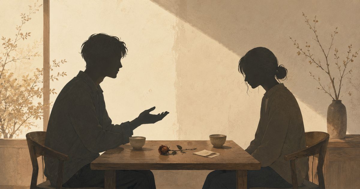 別れる理由を丁寧に伝える場面を描いたイラスト。向かい合って座る二人の間に枯れたバラとメモが置かれ、相手に納得してもらえるよう穏やかに言葉を選びながら、できるだけ傷つけない伝え方を表現している。