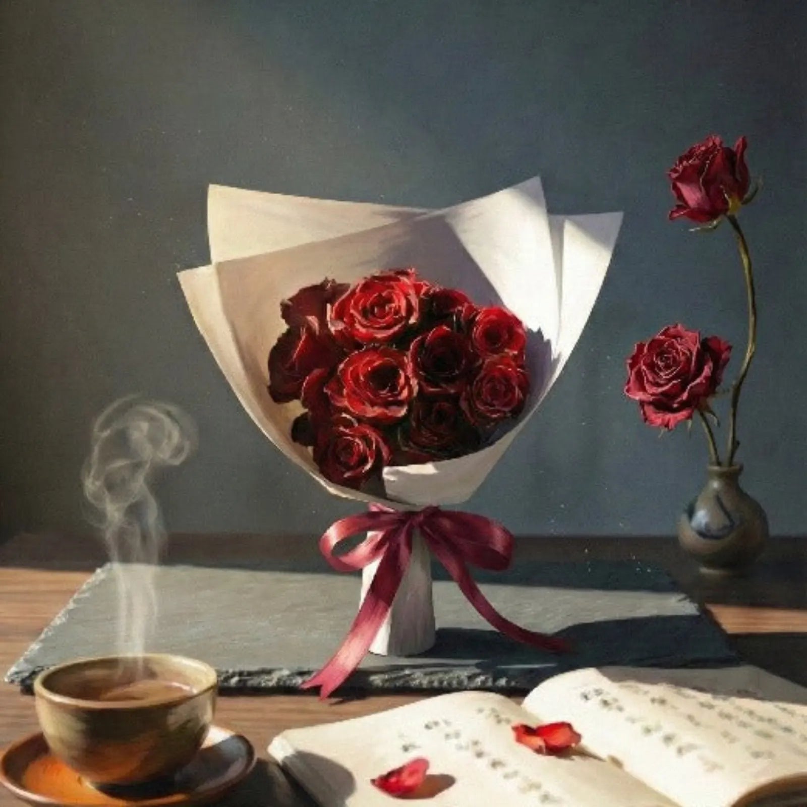 方形のフラワーボックスアート。「永遠を約束する赤」深紅のバラのドライフラワー花束。ギフト用ラッピングとインテリアイメージ。