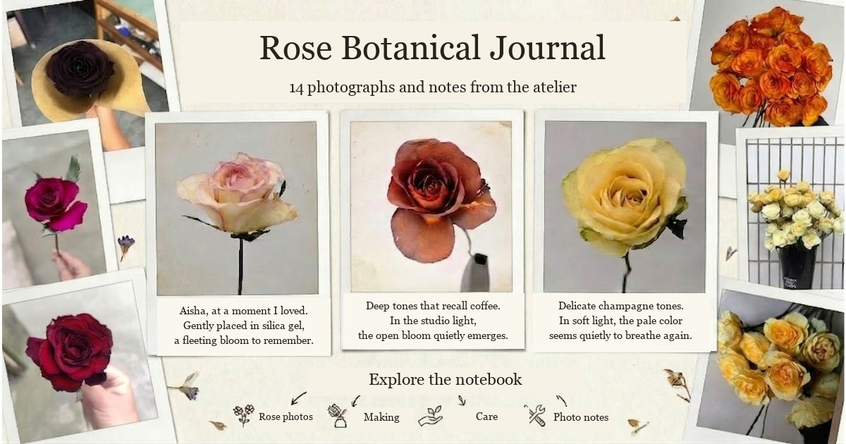Botanical notebook collage of original dried rose photographs, with English title and maker notes