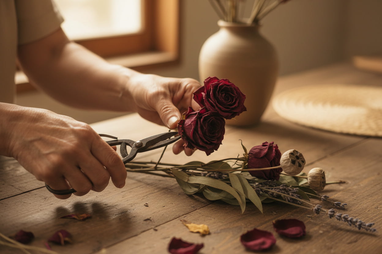 記憶の中で変化するドライフラワーを手にする手元。doraifurawaのブランドコンセプト「終わりを受け止める花」。