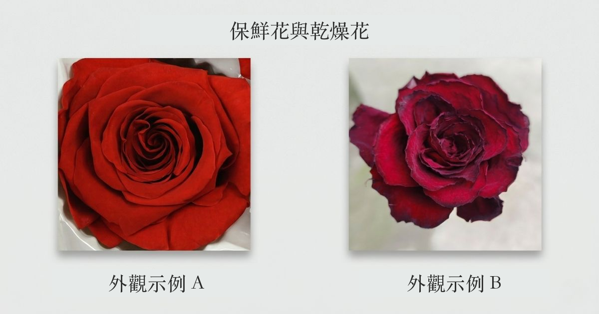 原示意圖中的兩種紅玫瑰外觀，附繁體比較標示；不能僅憑外觀判斷加工方式