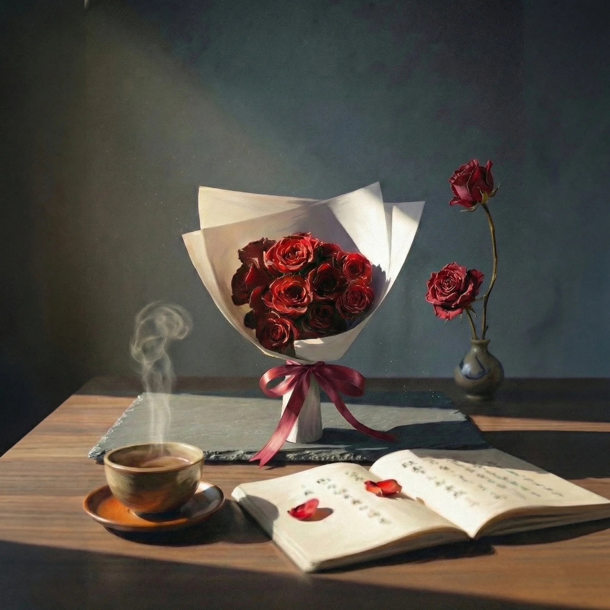 深紅の枯れたバラを使ったdoraifurawaのドライフラワーブーケ。お茶と本が置かれたテーブルの風景。