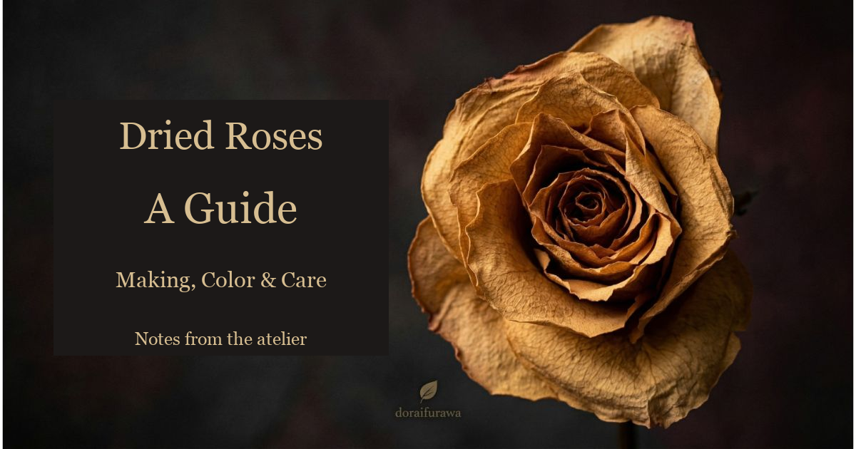 An antique-gold dried rose on a dark background, with an English making, color and care guide title