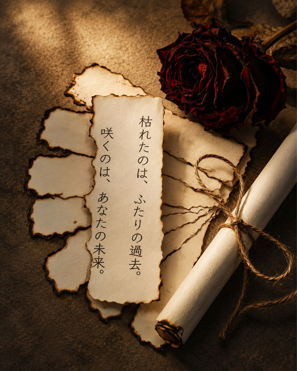 枯れたのはふたりの過去、咲くのはあなたの未来と書かれた焼け跡のあるメッセージカード