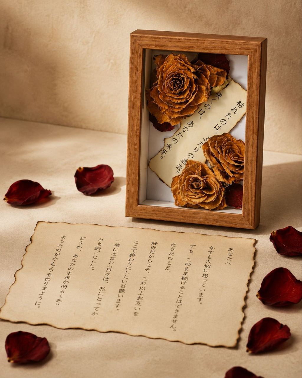 横に置かれた別れの手紙と枯れ薔薇のフレームを組み合わせた情緒的な商品写真