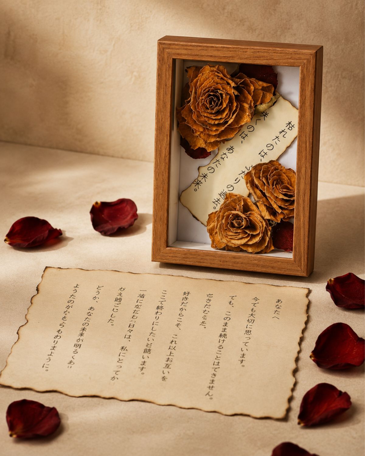 横に置かれた別れの手紙と枯れ薔薇のフレームを組み合わせた情緒的な商品写真